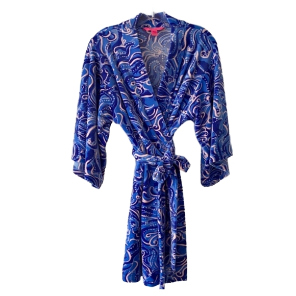 Lilly Pulitzer Plush Velour Coastal Blue Whispurr Elaine Robe - L/XL - Picture 4 of 7